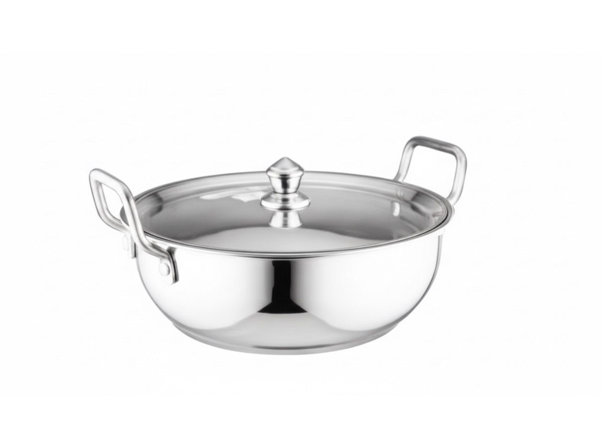 INDIAN ROOTS stainless steel kadahi with steel lid sandwich bottom, induction compatible.