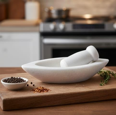 White Marble Mortar and Pestle Set | Boat Shape 8 Inch Traditional Khalbatta Okhli Musal | Stone Spice Grinder Kharal Imam Dasta for Kitchen