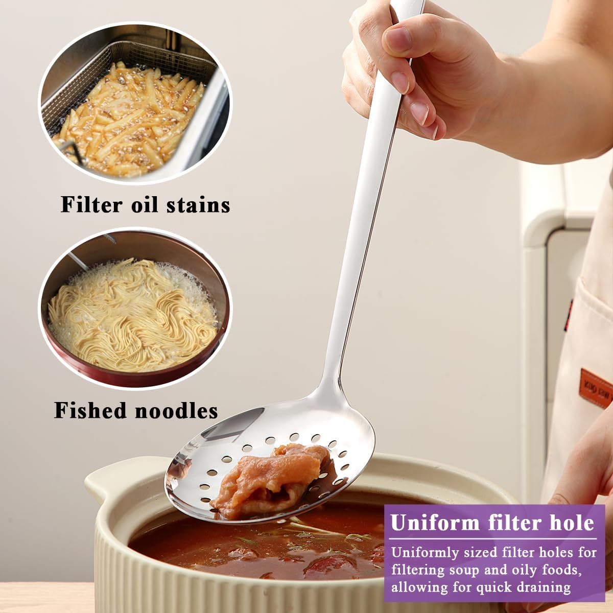 Stainless Steel Kitchen Strainer Skimmer Ladle for Straining Pasta/Cooking/Frying, Metal Kitchen Utensils Pasta Spoon