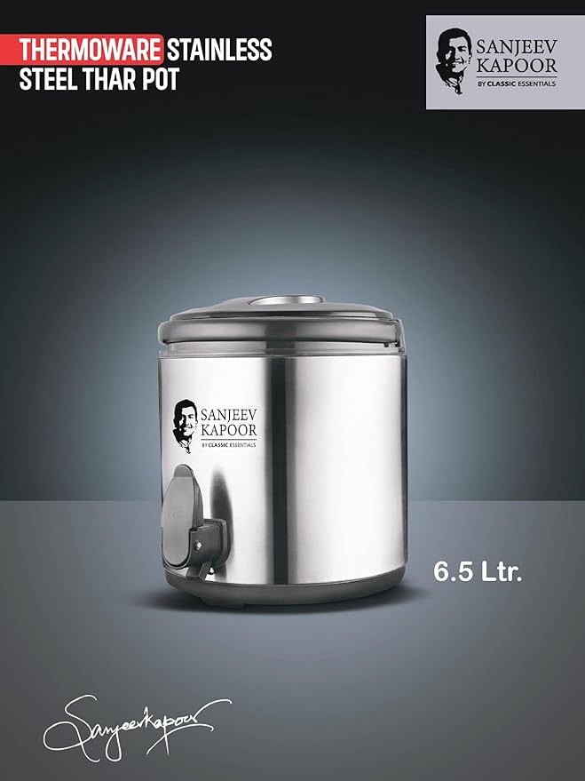 Sanjeev Kapoor by Classic Essentials Stainless Steel Water Jug 6.5L | Vacuum Insulated Thermo Flask Jug for Hot & Cold Beverages | Double Wall Steel Water Dispenser | Silver Thermo Jug (6500ml)