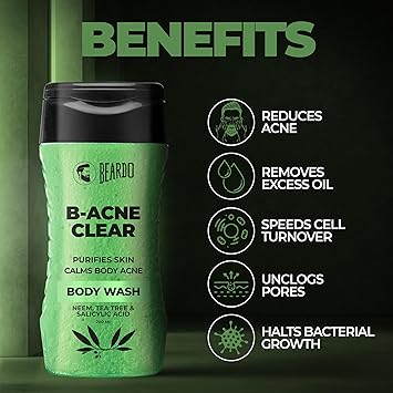 Beardo Body Acne Clear Body Wash for Men 200 ml | With Neem, Tea Tree and Salicylic Acid | Clean Clear Skin | For Body Acne and Skin Purification | B-acne