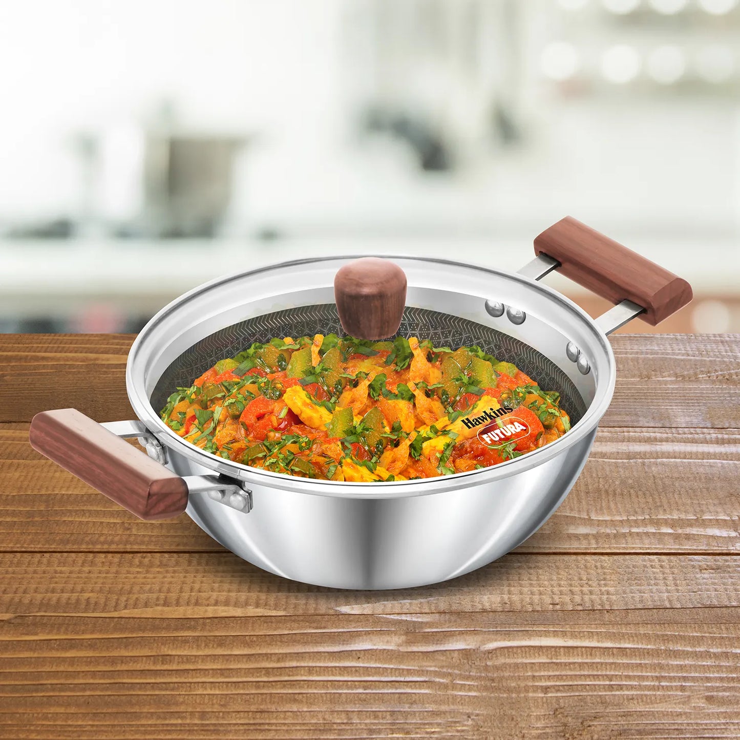 Induction Compatible SS Tri-ply Shielded Nonstick Deep Kadhai 2.5 Litre with Glass Lid (NSDK25G)