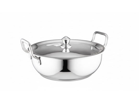 INDIAN ROOTS stainless steel kadahi with steel lid sandwich bottom, induction compatible.