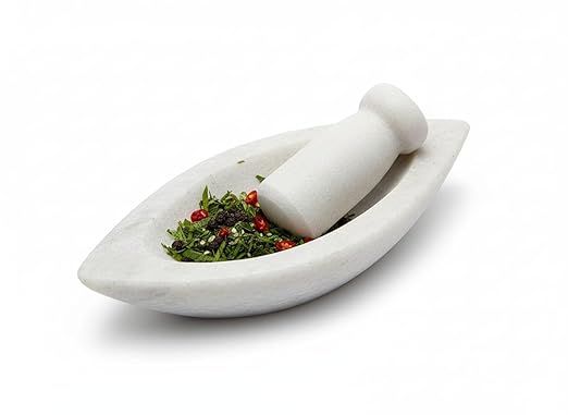 White Marble Mortar and Pestle Set | Boat Shape 8 Inch Traditional Khalbatta Okhli Musal | Stone Spice Grinder Kharal Imam Dasta for Kitchen