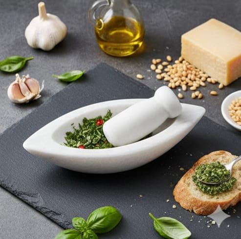 White Marble Mortar and Pestle Set | Boat Shape 8 Inch Traditional Khalbatta Okhli Musal | Stone Spice Grinder Kharal Imam Dasta for Kitchen