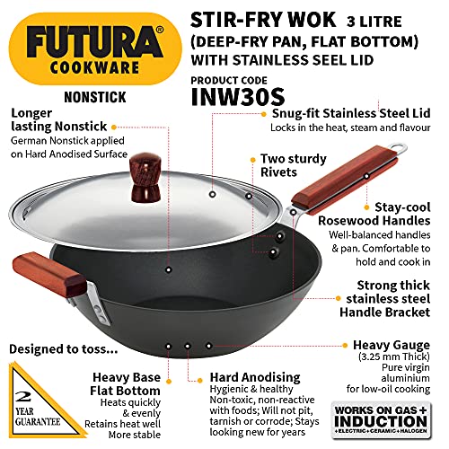 Futura INW30S 3 L Non-Stick Induction Stir Fry Wok, Medium, Black