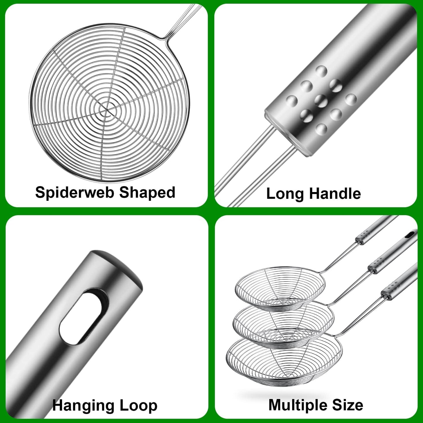 Indian Roots Stainless Steel Spider Strainer Skimmer, Professional Kitchen Pasta Strainer Spoon with Long Handle -Strainer Ladle Wire Skimmer Spoons for Cooking and Frying