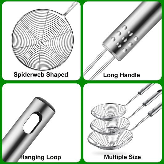 Indian Roots Stainless Steel Spider Strainer Skimmer, Professional Kitchen Pasta Strainer Spoon with Long Handle -Strainer Ladle Wire Skimmer Spoons for Cooking and Frying