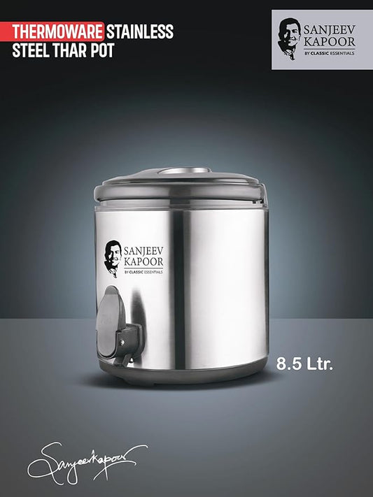 Sanjeev Kapoor by Classic Essentials Stainless Steel Vacuum Insulated Water Jug – 8.5 Litre Double Wall Thermoware Flask Jug, Hot & Cold Beverage Dispenser, Silver Thermoware Jug