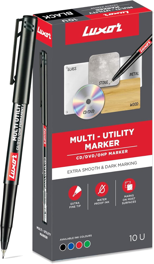 Luxor 1236 Extra Fine Permanent Marker, BLACK, Pack of 10, Write-4-All, Smooth Surface Markers, Waterproof Ink, Quick Dry, 1 x ZOFAX Black Ball Pen