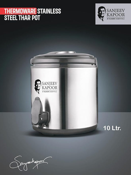 Sanjeev Kapoor by Classic Essentials Stainless Steel Water Jug 10 L | Vacuum Insulated Thermo Flask Jug for Hot & Cold Beverages | Double Wall Steel Water Dispenser | Silver Thermo Jug (10,000ml)