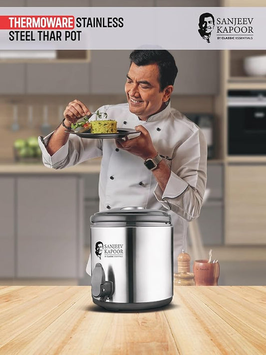 Sanjeev Kapoor by Classic Essentials Stainless Steel Vacuum Insulated Water Jug – 8.5 Litre Double Wall Thermoware Flask Jug, Hot & Cold Beverage Dispenser, Silver Thermoware Jug