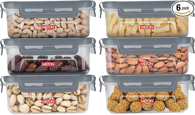 MILTON Lock It Modular Kitchen Container Setof 6,  Airtight Lid | BPA-Free Food Grade | Four Side Lock Lid I Transparent, Stackable, Dishwasher Safe, Ideal for Dal, Pulses, Cereals