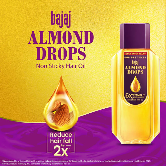 Bajaj Almond Drops Hair Oil, 625ml, Hair Oil, 6X Vitamin E, Almond Oil, Light and Non-Sticky, Hair Fall Control (Pack of 2)
