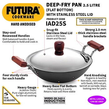Induction Compatible Hard Anodised Deep-Fry Pan  with Stainless Steel Lid (Flat Bottom, 4.06 mm Thick)