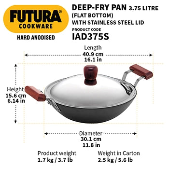 Induction Compatible Hard Anodised Deep-Fry Pan  with Stainless Steel Lid (Flat Bottom, 4.06 mm Thick)