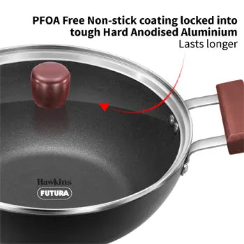 Futura Induction Compatible Nonstick Deep Kadhai 5 Litre with Glass Lid with 2 Short Handles (Flat Bottom)