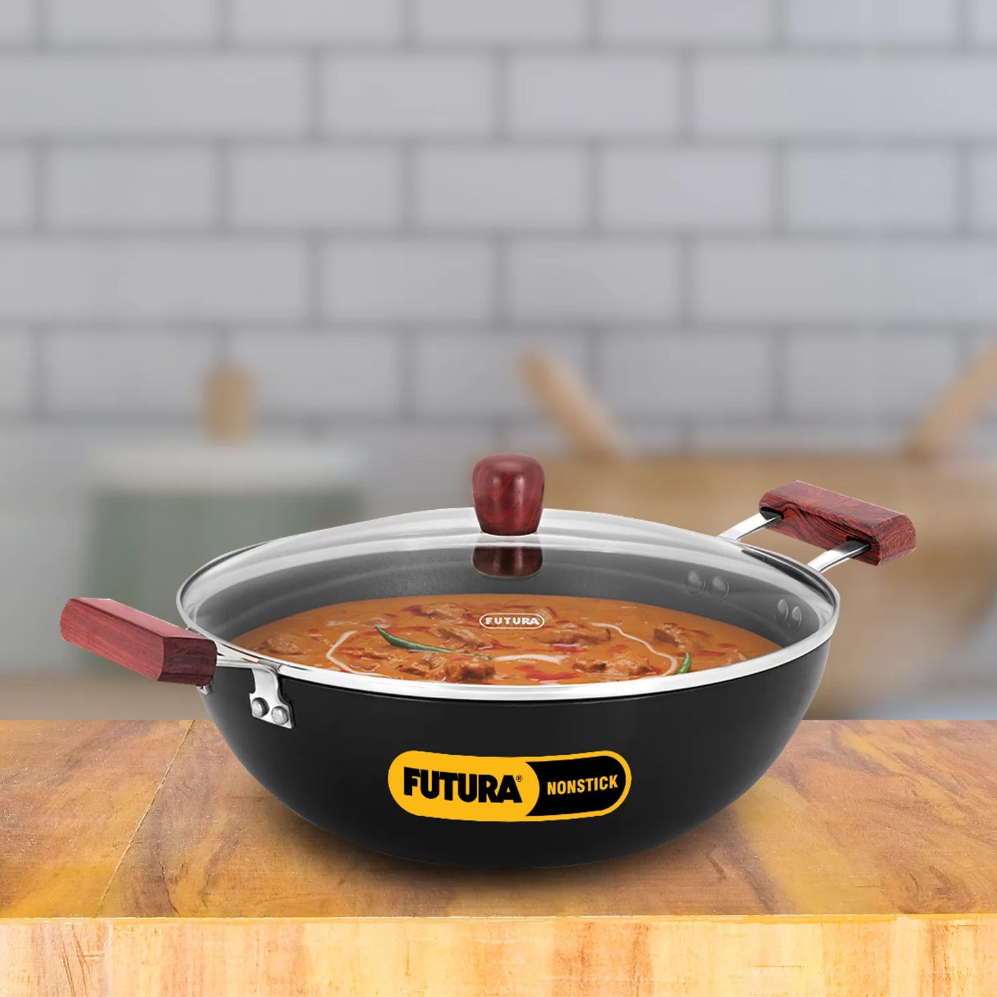 Futura Induction Compatible Nonstick Deep Kadhai 5 Litre with Glass Lid with 2 Short Handles (Flat Bottom)