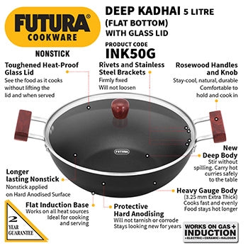 Futura Induction Compatible Nonstick Deep Kadhai 5 Litre with Glass Lid with 2 Short Handles (Flat Bottom)