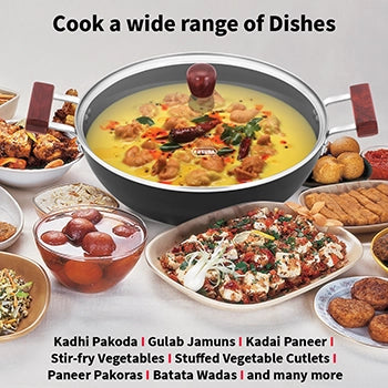 Futura Induction Compatible Nonstick Deep Kadhai 5 Litre with Glass Lid with 2 Short Handles (Flat Bottom)