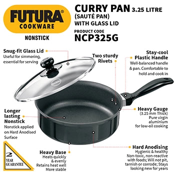 Futura Nonstick Curry Pan (Sauté Pan) 3.25 Litre with Glass Lid (3.25 mm Thick) (NCP325G)