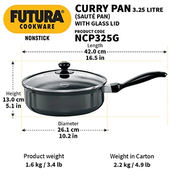 Futura Nonstick Curry Pan (Sauté Pan) 3.25 Litre with Glass Lid (3.25 mm Thick) (NCP325G)