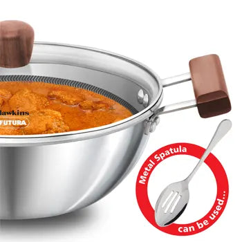 Induction Compatible SS Tri-ply Shielded Nonstick Deep Kadhai 2.5 Litre with Glass Lid (NSDK25G)