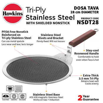 Hawkins Induction Compatible SS Tri-ply Dosa Tava with Shielded Nonstick 28 cm