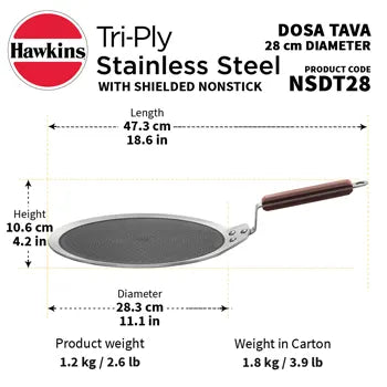 Hawkins Induction Compatible SS Tri-ply Dosa Tava with Shielded Nonstick 28 cm