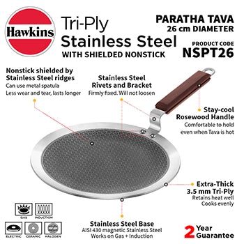 Induction Compatible SS Tri-ply Tava with Shielded Nonstick 26 cm