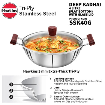 Hawkins Triply Induction Compatible SS Tri-ply Deep Kadhai 5 Litre with Glass Lid