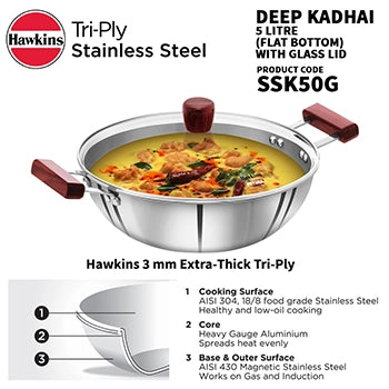 Hawkins Triply Induction Compatible SS Tri-ply Deep Kadhai 5 Litre with Glass Lid