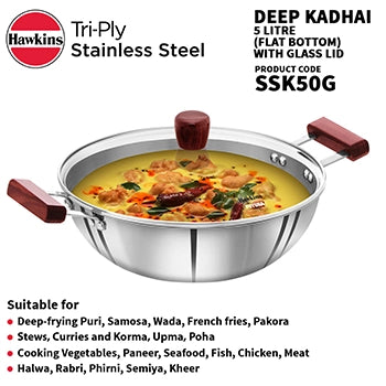 Hawkins Triply Induction Compatible SS Tri-ply Deep Kadhai 5 Litre with Glass Lid