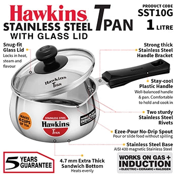 Hawkins Induction Compatible Stainless Steel T Pan with Glass Lid