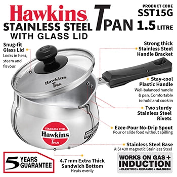 Hawkins Induction Compatible Stainless Steel T Pan with Glass Lid