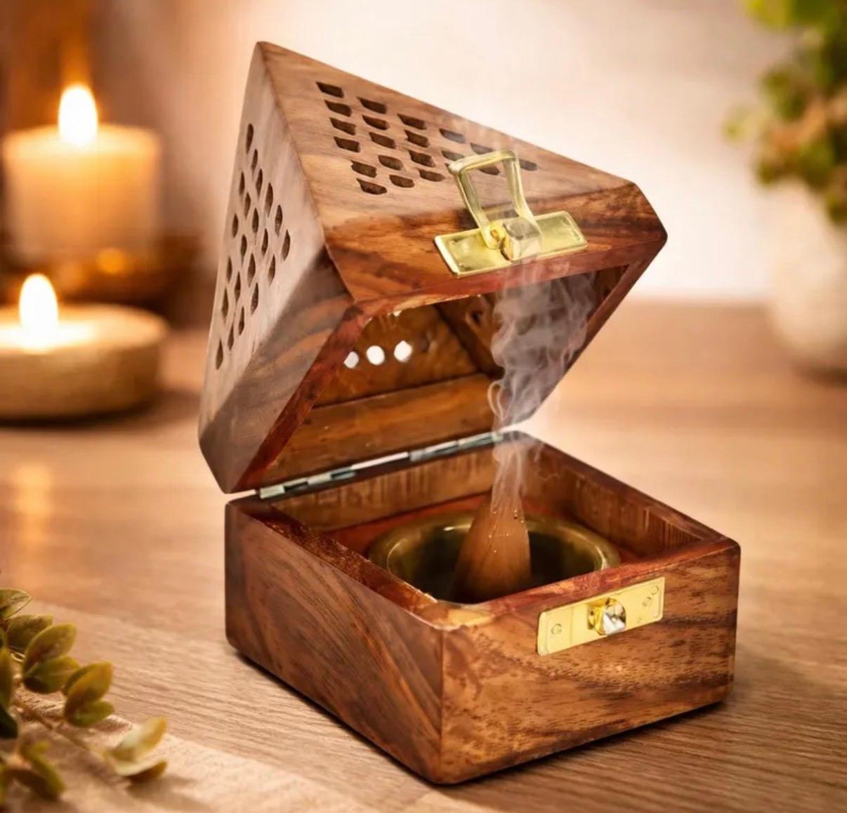 DigiRake Dhoop Holder - Dhoop Agarbatti Stand for Home & Pooja Room, Incense Stick Holder with Ash Catcher, Wooden Oothupathi Loban Cone (Pyramid Dhoop Stand)