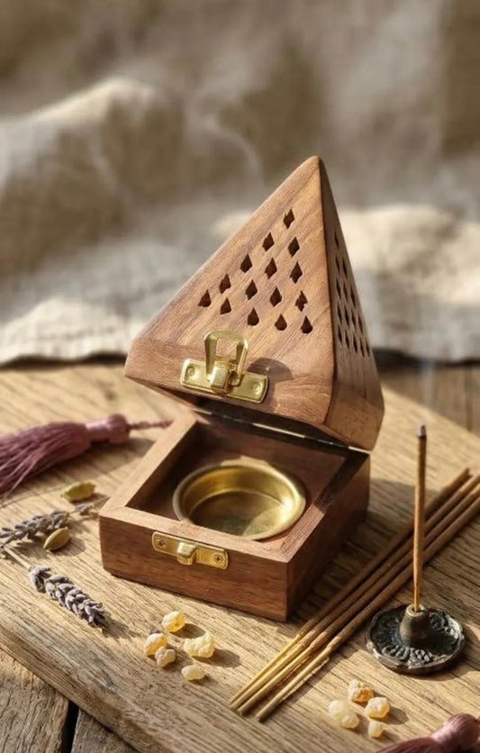 DigiRake Dhoop Holder - Dhoop Agarbatti Stand for Home & Pooja Room, Incense Stick Holder with Ash Catcher, Wooden Oothupathi Loban Cone (Pyramid Dhoop Stand)