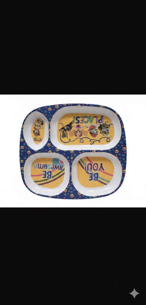KIDS PLATE 3 SECTIONA ND 4 SECTION WITH CARTOON CHARACTERS.